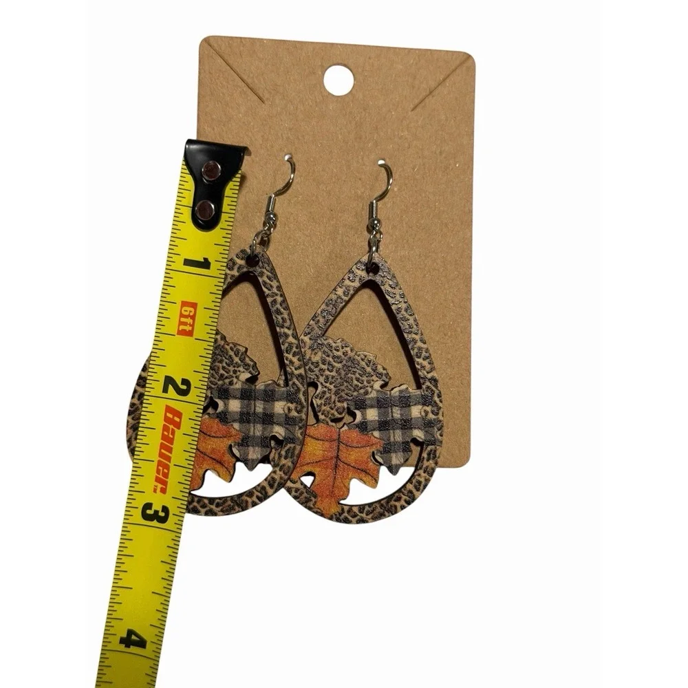 Fall Teardrop Wood Earrings Leopard Buffalo Plaid Autumn Leaf Boho‎ Dangle
